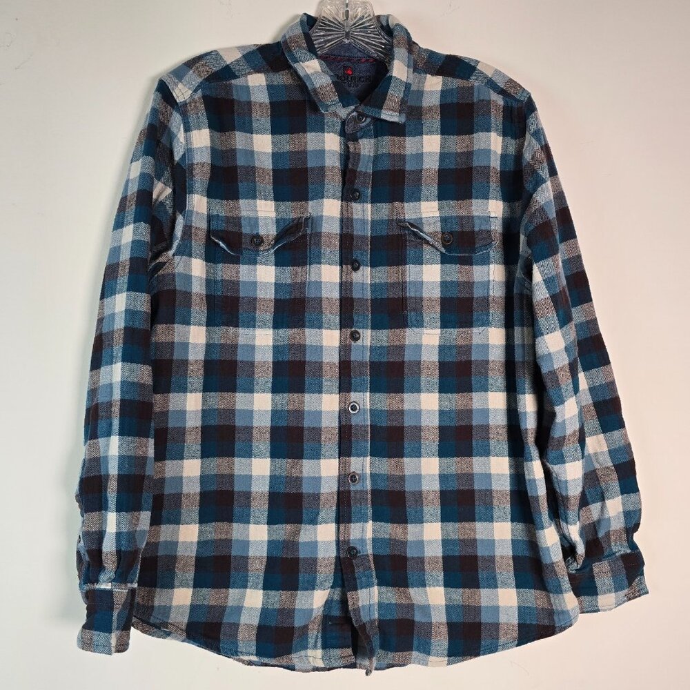 Woolrich Flannel Shirt Mens Large Blue Black Plaid Flap Pockets Outdoor Rugged